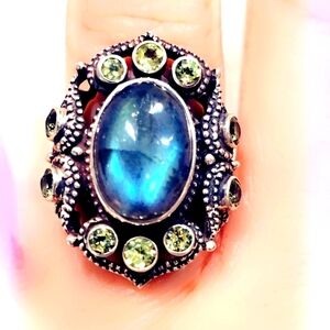 Peridot & Labradorite Sterling Silver 925 Gemstone Ring Sz 6